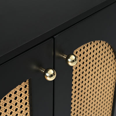 Buffet Design Unique Noir avec 4 Portes en Rotin Artificiel Courbé - Rangement Polyvalent UNNEL