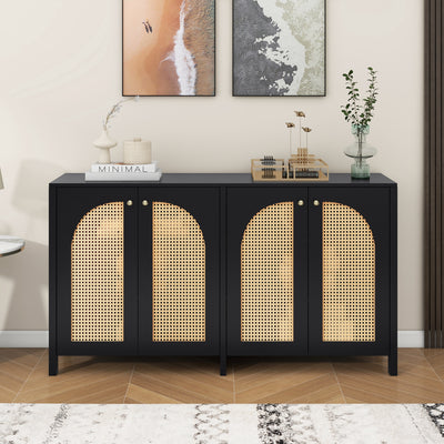 Buffet Design Unique Noir avec 4 Portes en Rotin Artificiel Courbé - Rangement Polyvalent UNNEL