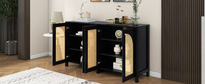 Buffet Design Unique Noir avec 4 Portes en Rotin Artificiel Courbé - Rangement Polyvalent UNNEL