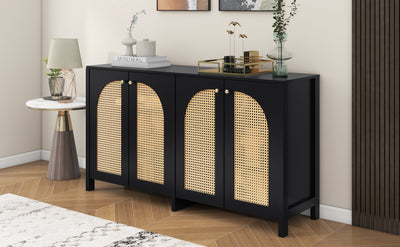 Buffet Design Unique Noir avec 4 Portes en Rotin Artificiel Courbé - Rangement Polyvalent UNNEL