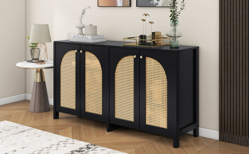 Buffet Design Unique Noir avec 4 Portes en Rotin Artificiel Courbé - Rangement Polyvalent UNNEL