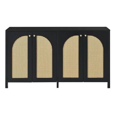 Buffet Design Unique Noir avec 4 Portes en Rotin Artificiel Courbé - Rangement Polyvalent UNNEL