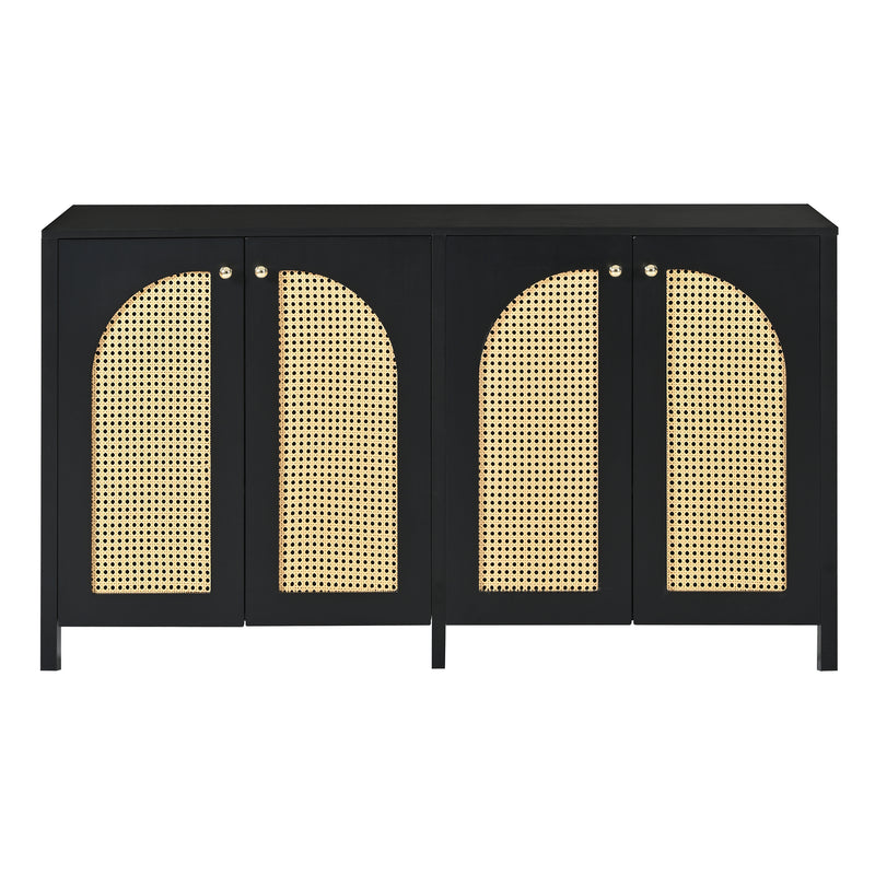 Buffet Design Unique Noir avec 4 Portes en Rotin Artificiel Courbé - Rangement Polyvalent UNNEL