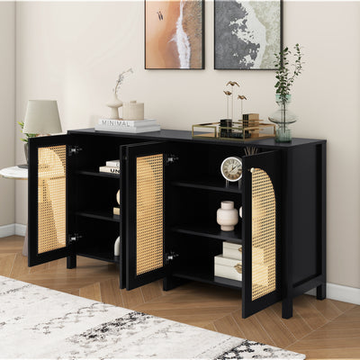 Buffet Design Unique Noir avec 4 Portes en Rotin Artificiel Courbé - Rangement Polyvalent UNNEL