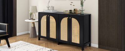 Buffet Design Unique Noir avec 4 Portes en Rotin Artificiel Courbé - Rangement Polyvalent UNNEL