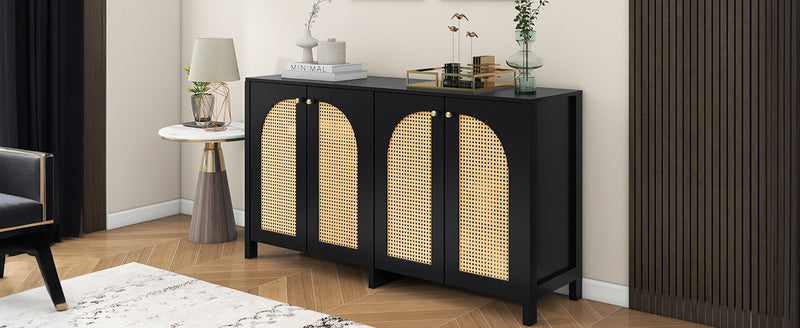 Buffet Design Unique Noir avec 4 Portes en Rotin Artificiel Courbé - Rangement Polyvalent UNNEL