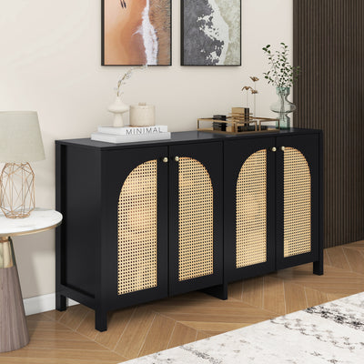 Buffet Design Unique Noir avec 4 Portes en Rotin Artificiel Courbé - Rangement Polyvalent UNNEL