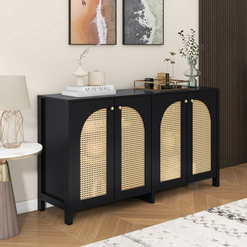Buffet Design Unique Noir avec 4 Portes en Rotin Artificiel Courbé - Rangement Polyvalent UNNEL