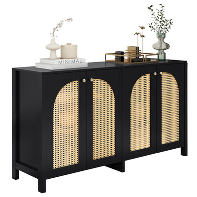 Buffet Design Unique Noir avec 4 Portes en Rotin Artificiel Courbé - Rangement Polyvalent UNNEL