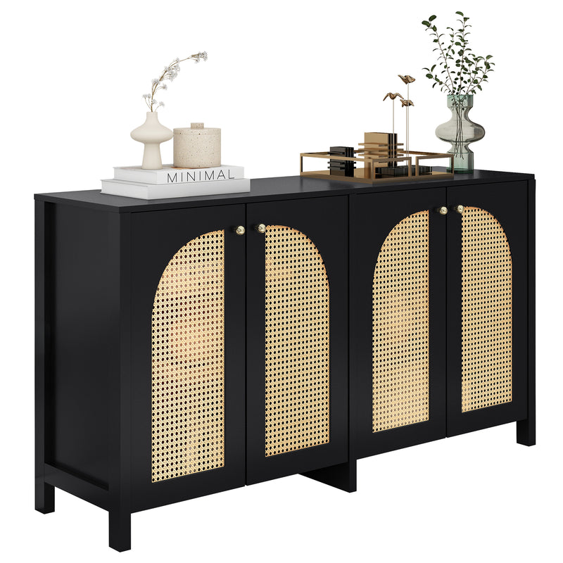 Buffet Design Unique Noir avec 4 Portes en Rotin Artificiel Courbé - Rangement Polyvalent UNNEL