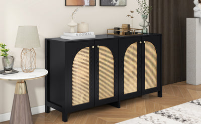 Buffet Design Unique Noir avec 4 Portes en Rotin Artificiel Courbé - Rangement Polyvalent UNNEL