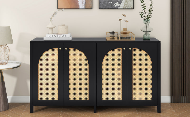 Buffet Design Unique Noir avec 4 Portes en Rotin Artificiel Courbé - Rangement Polyvalent UNNEL