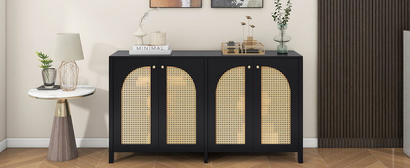 Buffet Design Unique Noir avec 4 Portes en Rotin Artificiel Courbé - Rangement Polyvalent UNNEL