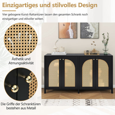 Buffet Design Unique Noir avec 4 Portes en Rotin Artificiel Courbé - Rangement Polyvalent UNNEL