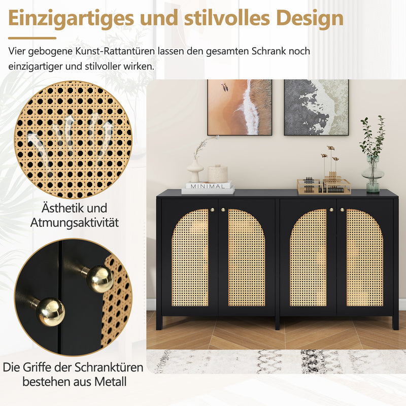 Buffet Design Unique Noir avec 4 Portes en Rotin Artificiel Courbé - Rangement Polyvalent UNNEL