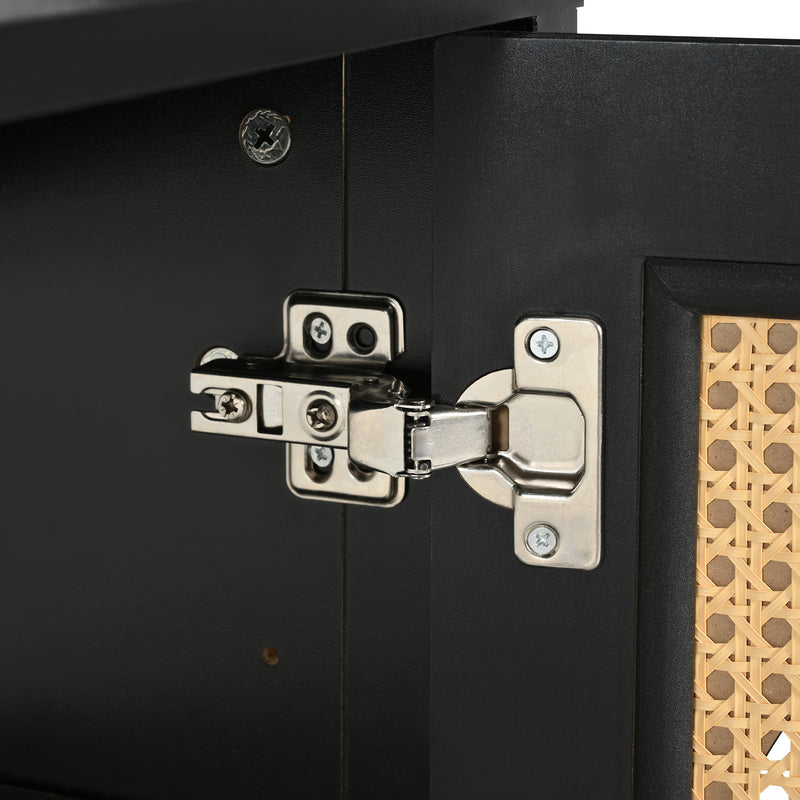 Buffet Design Unique Noir avec 4 Portes en Rotin Artificiel Courbé - Rangement Polyvalent UNNEL