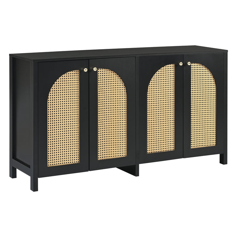 Buffet Design Unique Noir avec 4 Portes en Rotin Artificiel Courbé - Rangement Polyvalent UNNEL