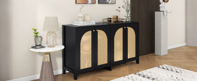 Buffet Design Unique Noir avec 4 Portes en Rotin Artificiel Courbé - Rangement Polyvalent UNNEL
