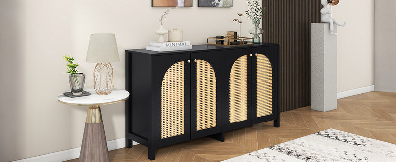 Buffet Design Unique Noir avec 4 Portes en Rotin Artificiel Courbé - Rangement Polyvalent UNNEL