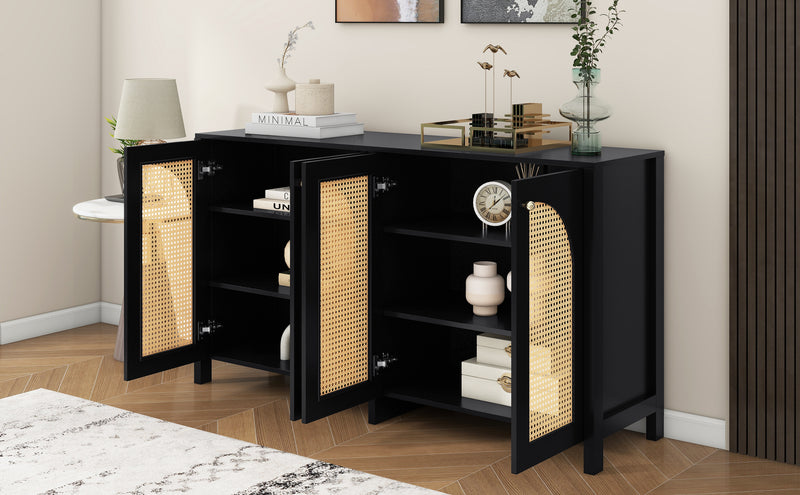 Buffet Design Unique Noir avec 4 Portes en Rotin Artificiel Courbé - Rangement Polyvalent UNNEL