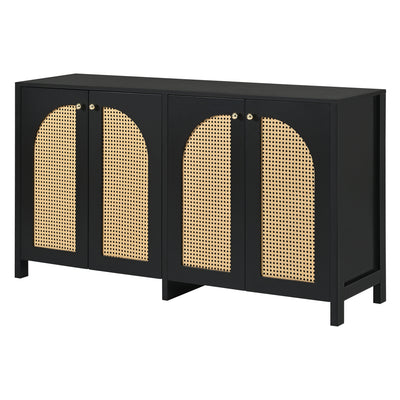 Buffet Design Unique Noir avec 4 Portes en Rotin Artificiel Courbé - Rangement Polyvalent UNNEL
