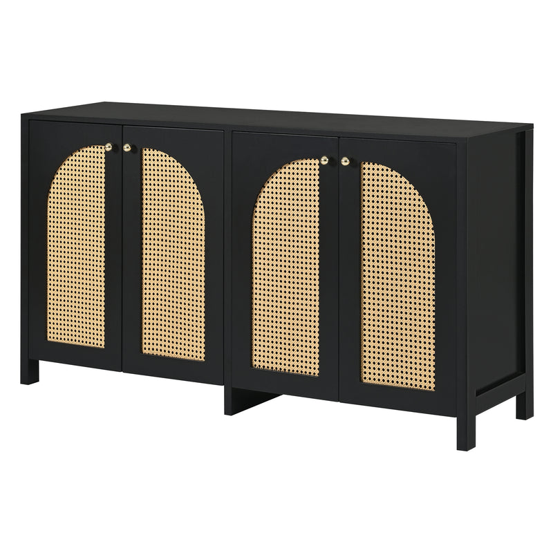 Buffet Design Unique Noir avec 4 Portes en Rotin Artificiel Courbé - Rangement Polyvalent UNNEL