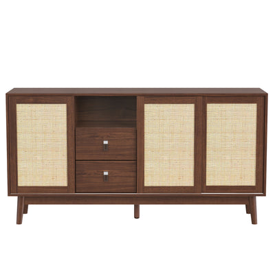 Buffet Contemporain en Bois Foncé avec Rotin Véritable, Tiroirs et Portes Coulissantes USOH WALNUT