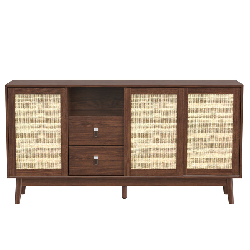 Buffet Contemporain en Bois Foncé avec Rotin Véritable, Tiroirs et Portes Coulissantes USOH WALNUT