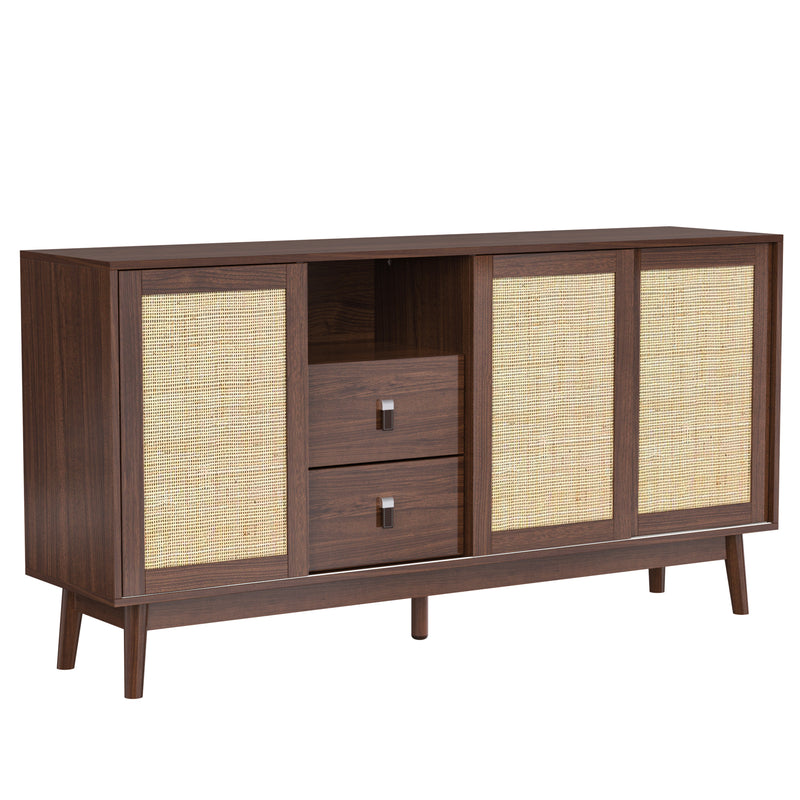 Buffet Contemporain en Bois Foncé avec Rotin Véritable, Tiroirs et Portes Coulissantes USOH WALNUT