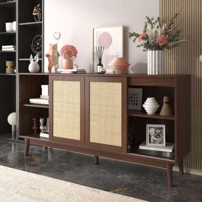 Buffet Contemporain en Bois Foncé avec Rotin Véritable, Tiroirs et Portes Coulissantes USOH WALNUT