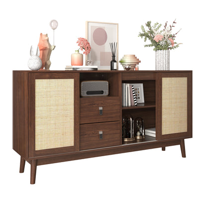 Buffet Contemporain en Bois Foncé avec Rotin Véritable, Tiroirs et Portes Coulissantes USOH WALNUT
