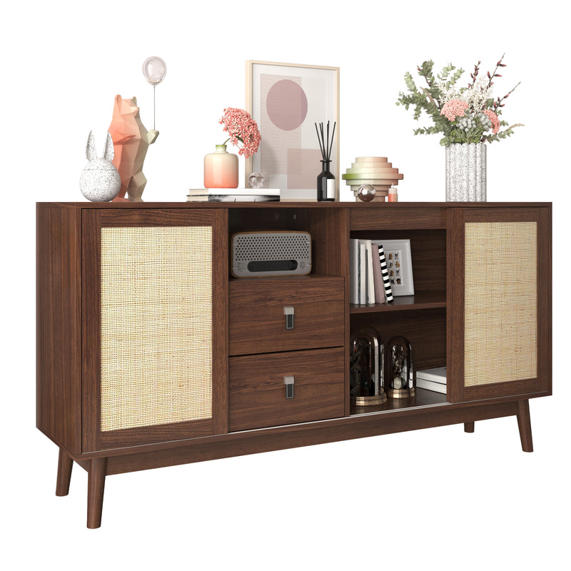 Buffet Contemporain en Bois Foncé avec Rotin Véritable, Tiroirs et Portes Coulissantes USOH WALNUT