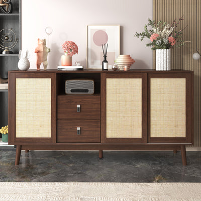 Buffet Contemporain en Bois Foncé avec Rotin Véritable, Tiroirs et Portes Coulissantes USOH WALNUT
