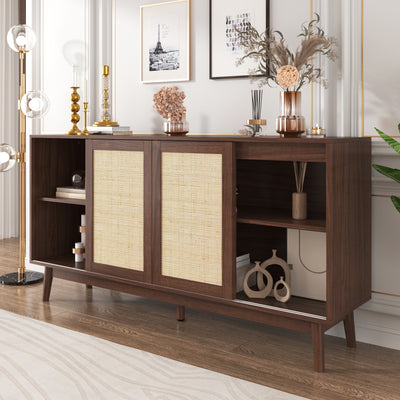 Buffet Contemporain en Bois Foncé avec Rotin Véritable, Tiroirs et Portes Coulissantes USOH WALNUT