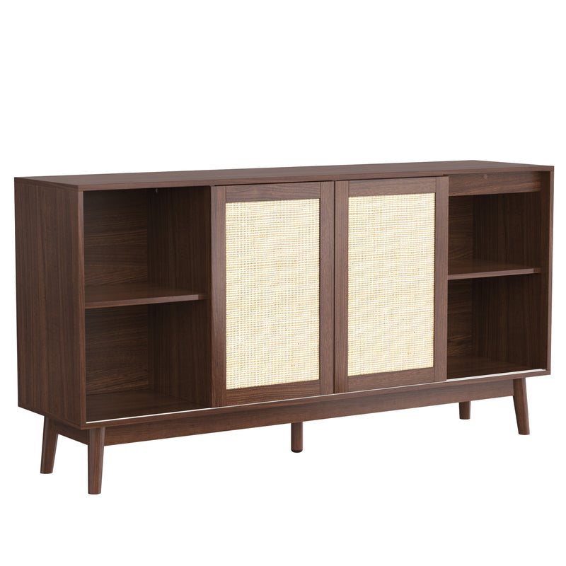 Buffet Contemporain en Bois Foncé avec Rotin Véritable, Tiroirs et Portes Coulissantes USOH WALNUT