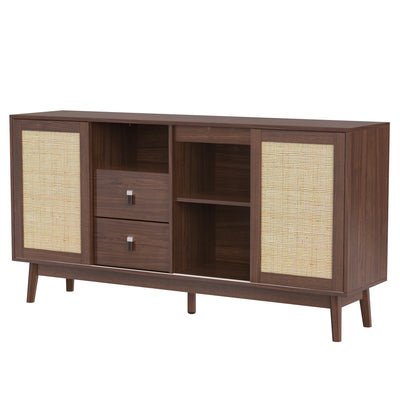 Buffet Contemporain en Bois Foncé avec Rotin Véritable, Tiroirs et Portes Coulissantes USOH WALNUT