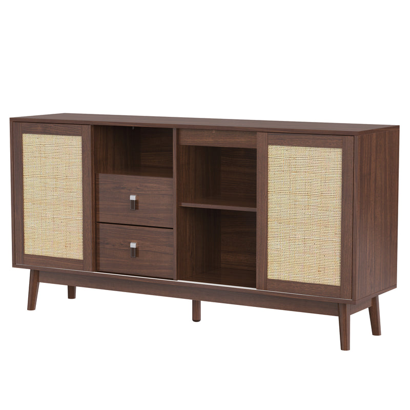 Buffet Contemporain en Bois Foncé avec Rotin Véritable, Tiroirs et Portes Coulissantes USOH WALNUT