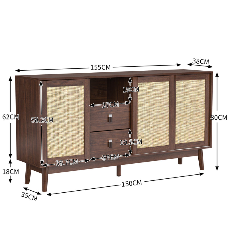 Buffet Contemporain en Bois Foncé avec Rotin Véritable, Tiroirs et Portes Coulissantes USOH WALNUT