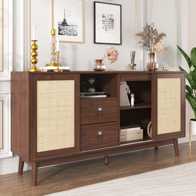 Buffet Contemporain en Bois Foncé avec Rotin Véritable, Tiroirs et Portes Coulissantes USOH WALNUT