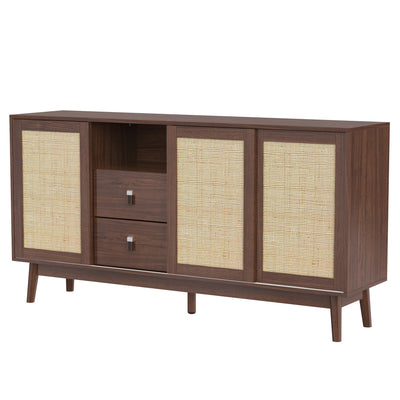 Buffet Contemporain en Bois Foncé avec Rotin Véritable, Tiroirs et Portes Coulissantes USOH WALNUT