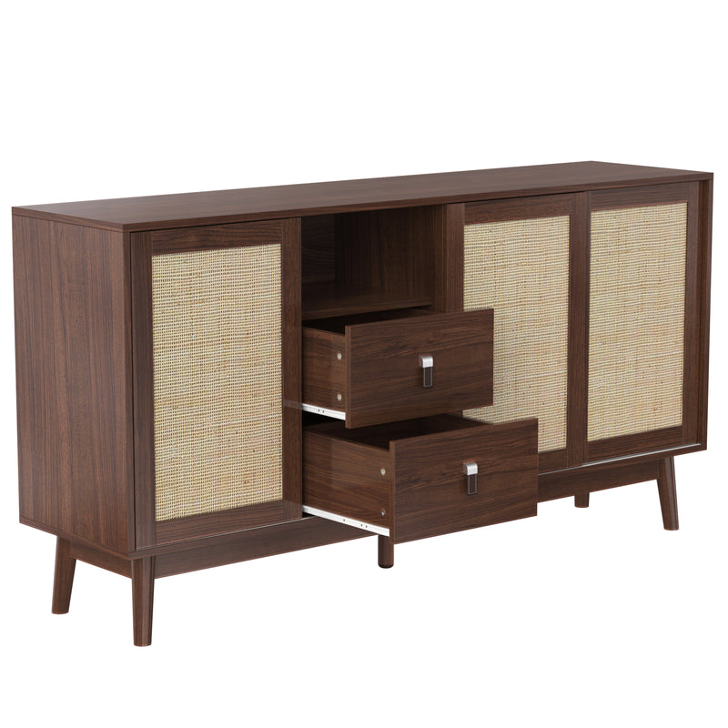 Buffet Contemporain en Bois Foncé avec Rotin Véritable, Tiroirs et Portes Coulissantes USOH WALNUT