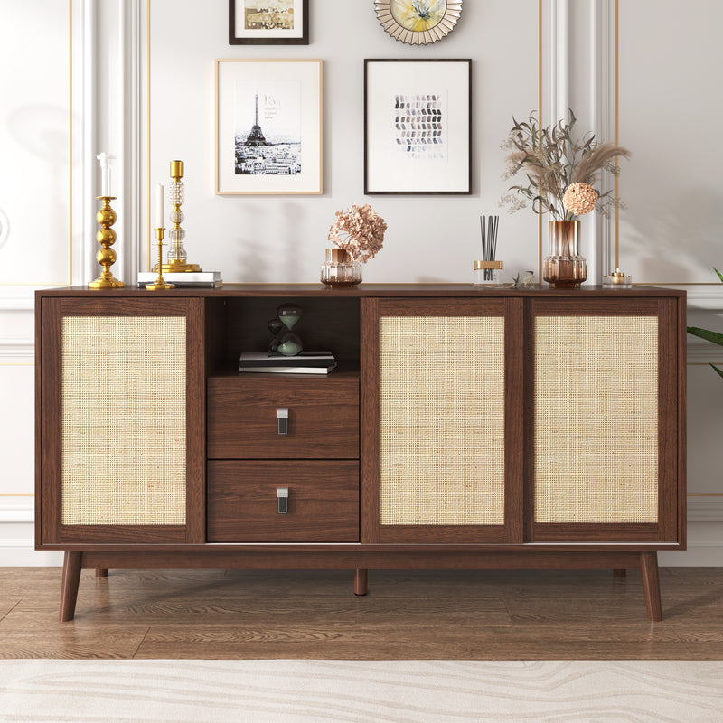 Buffet Contemporain en Bois Foncé avec Rotin Véritable, Tiroirs et Portes Coulissantes USOH WALNUT