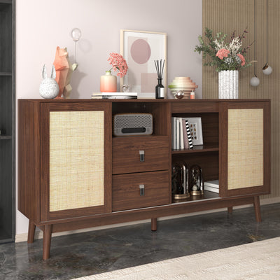Buffet Contemporain en Bois Foncé avec Rotin Véritable, Tiroirs et Portes Coulissantes USOH WALNUT