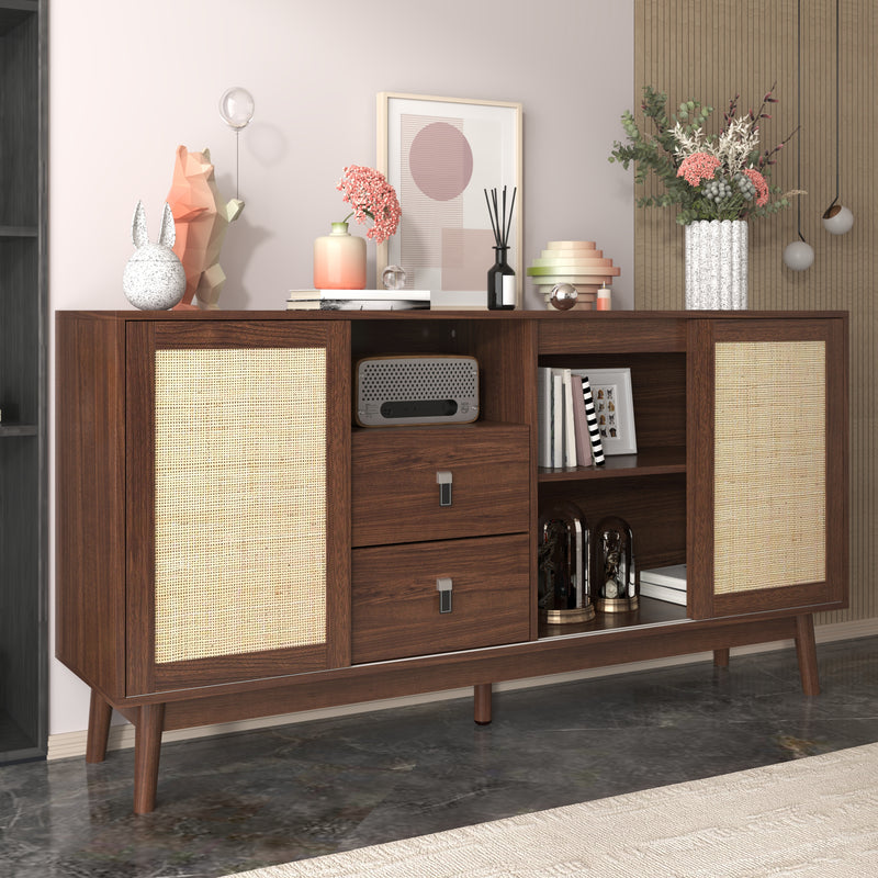 Buffet Contemporain en Bois Foncé avec Rotin Véritable, Tiroirs et Portes Coulissantes USOH WALNUT