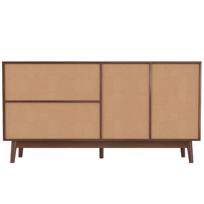 Buffet Contemporain en Bois Foncé avec Rotin Véritable, Tiroirs et Portes Coulissantes USOH WALNUT