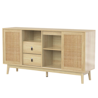Buffet Contemporain en Bois avec Rotin Véritable, Tiroirs et Portes Coulissantes USOH WOOD