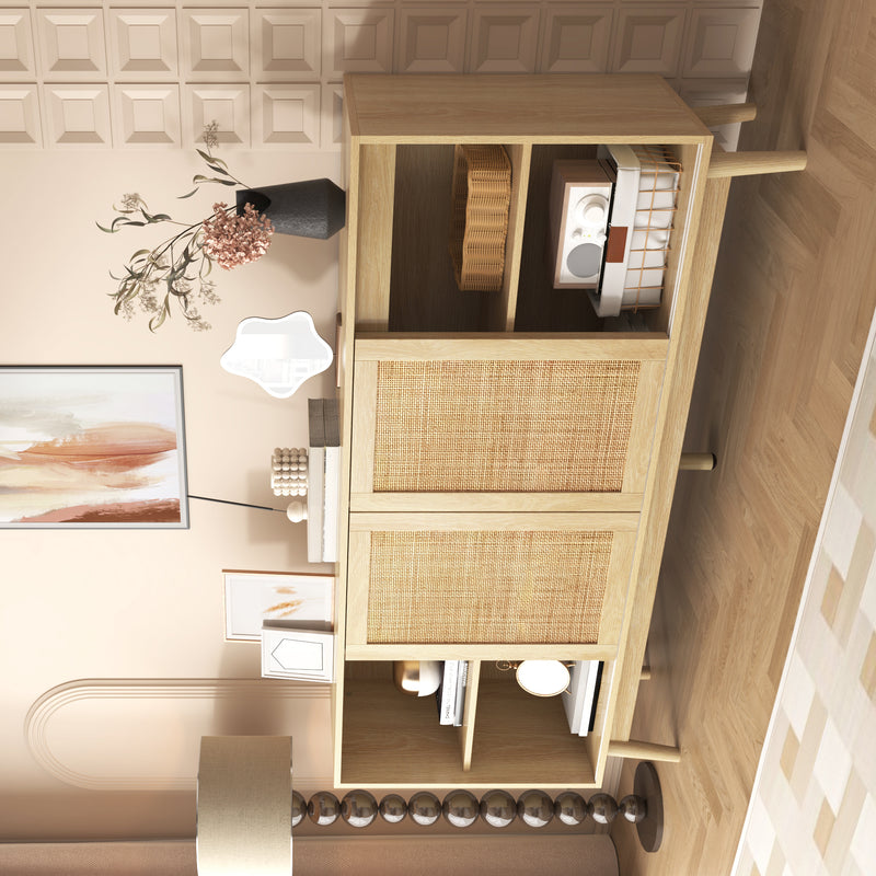 Buffet Contemporain en Bois avec Rotin Véritable, Tiroirs et Portes Coulissantes USOH WOOD