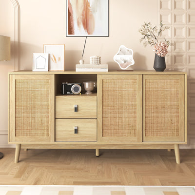 Buffet Contemporain en Bois avec Rotin Véritable, Tiroirs et Portes Coulissantes USOH WOOD