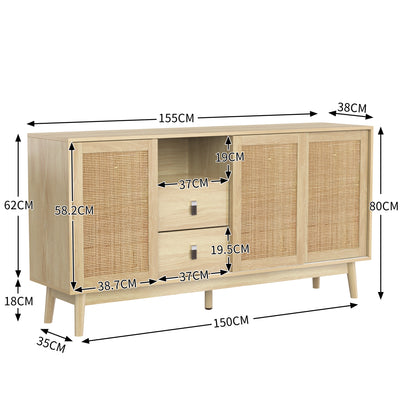 Buffet Contemporain en Bois avec Rotin Véritable, Tiroirs et Portes Coulissantes USOH WOOD