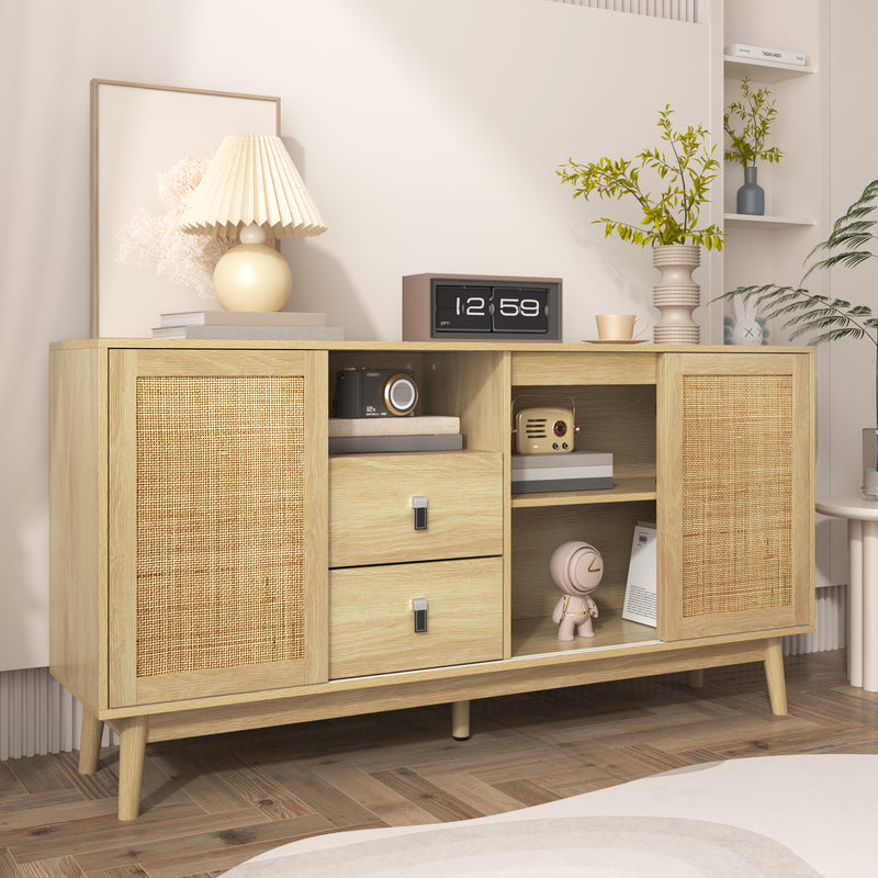 Buffet Contemporain en Bois avec Rotin Véritable, Tiroirs et Portes Coulissantes USOH WOOD